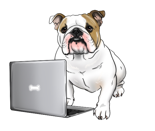 Illustration of a white and Fawn English Bulldog sat facing forward.