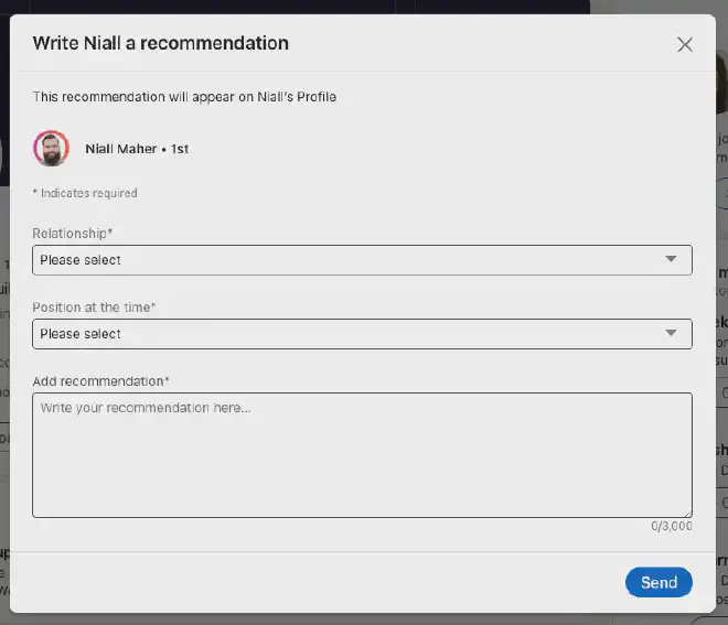 Recommendation modal on Linkedin