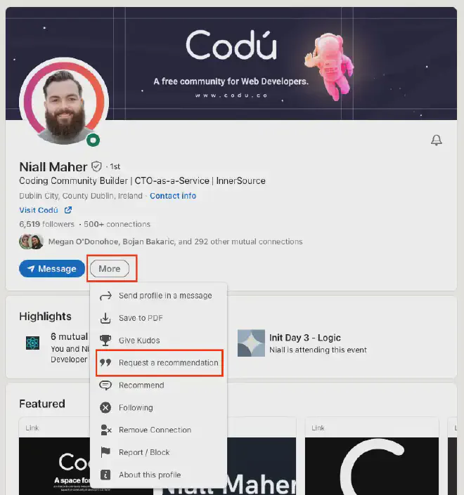 Request recommendation button on Linkedin