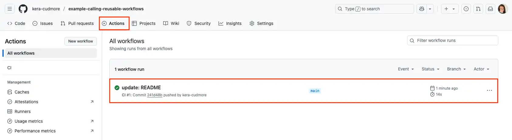 GitHub Actions page displaying the CI workflow runs