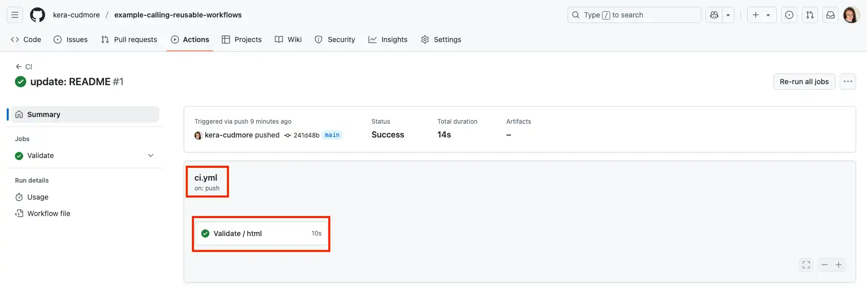 GitHub Actions page displaying the CI workflow run details page