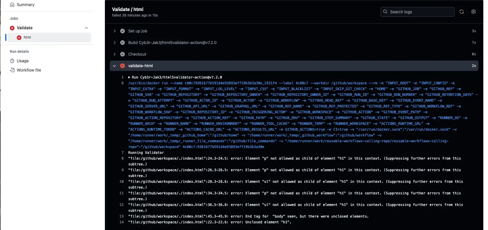 GitHub Actions page displaying the steps detail page with a failed step and its logs