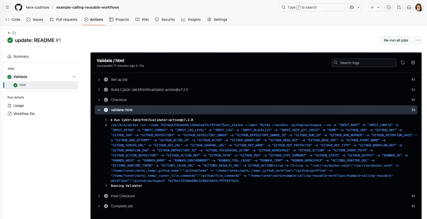 GitHub Actions page displaying the steps detail page